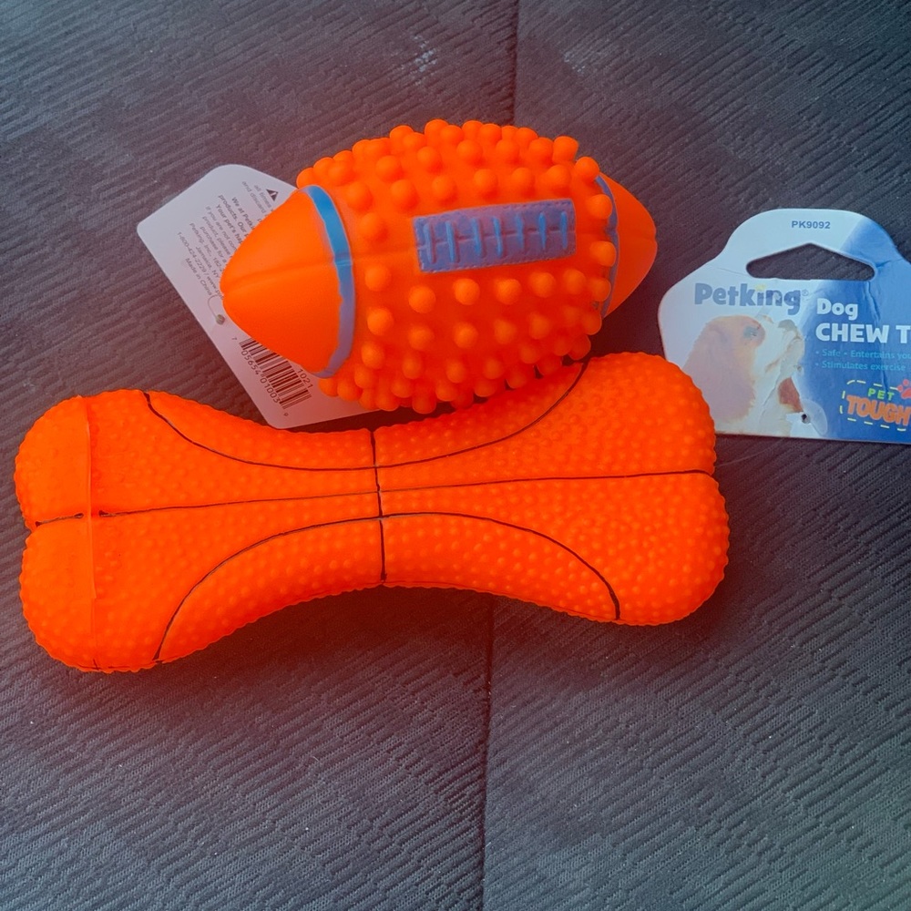 Orange Sports Themed Dog Squeak Toys Football and Bone doggie toys